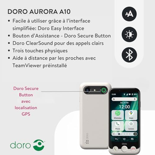 - Smartphone Aurora A10 - Téléphone Portable Senior - Facile à Utiliser - Touche d'Assistance avec Localisation GPS - Compatible Appareils Auditifs - Câble USB Inclus - Blanc