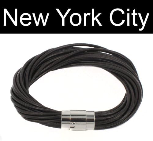 Black Leather Bracelet Mulit Strand Cords Wristband Cuff Stainless Steel Magnetic Lock