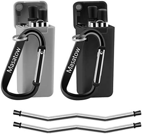 2 Pack Collapsible Reusable Straw,Masatow Folding Straw Composed of Stainless Steel and Food-grade Silicone, Portable Set with Hard Case Holder&Keychain &Cleaning Brush Best For Party Travel Household
