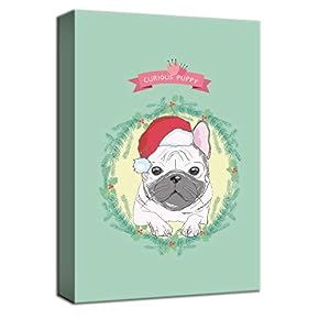Canvas Wall Art Cute Puppy Dog Christmas Hat Painting Artwork for Home Decor Framed - 12x18 inches
