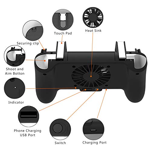 Mangotek Mobile Phone Game Controller, L1R1 Sensitive Shoot and Aim Trigger Buttons, Fortnite/PUBG/Knives Out/Rules of Survival Gaming Camepad with Cooling Fan Radiator and Power Bank for Android iOS