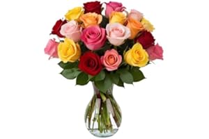 18 Rainbow Roses Assorted Mixed Color with Vase | Arabella Bouquets | Real Fresh Flowers for Delivery, Gift for Birthday, Women, Congratulations, Anniversary, Mother's Day