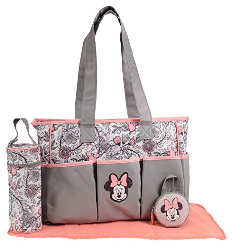Disney Girls Minnie Mouse Multi Pc Large Diaper Bag Set, Floral Print, Grey