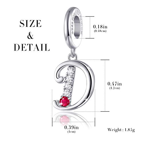 FOREVER QUEEN 925 Sterling Silver D Letter Initial Dangle Beads Charm Red Zircon Alphabet Pendants for Snake Chain Bracelets Necklace Gift Jewelry for Mother - Thumbnail 3