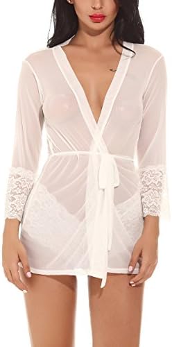 Bedarling Women Lingerie Sexy Mesh Robe Transparent Babydoll Lace Nightgown (Medium(US S), White)