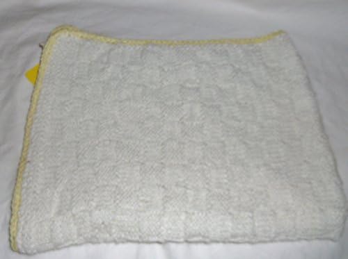 Hand Knitted Baby Blanket White with Yellow Trim #5039