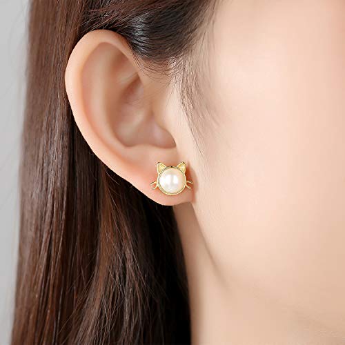Cat Stud Earrings for Women Girls 8mm Freshwater Pearl Stud Earrings 18K Gold Plated 925 Sterling Silver Ear Studs for Cat Lovers