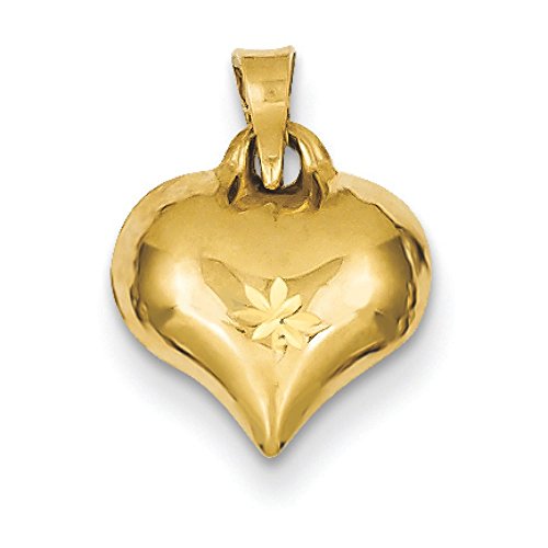 14K Yellow Gold Diamond-Cut Puffed Heart Charm Pendant