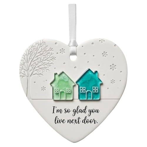 2D Christmas Heart Shaped Pendant Neighbor Christmas Ornaments Friendship Souvenir Decor with "I'm so Glad You Live Next Door" Keepsake for Friends Xmas Tree Hanging Decorations (Heart-B)