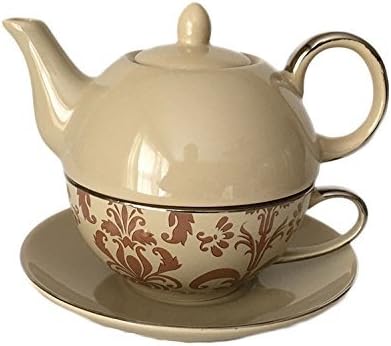 Classic Coffee &amp; Tea Nouveau Chic Tea Set for One - Teapot, Cup &amp; Saucer in Beige &amp; Taupe Damask ; Platinum Trim