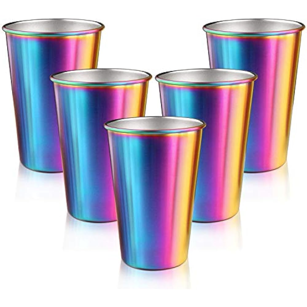 Rainbow Beer Glasses Stainless Steel Cups, 5 Pack 16 Oz Stackable Metal