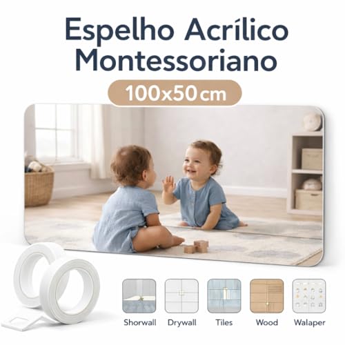 Espelho Acrílico Montessoriano para Bebê 100x50 cm Sem Moldura com Cantos Arredondados, Fixação com Fita Dupla Face, para Quarto Infantil e Brinquedoteca