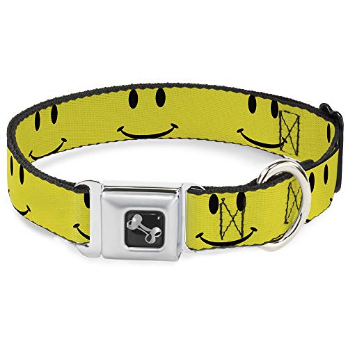 Dog Collar Seatbelt Buckle Happy Face Yellow Black 9 to 15 Inches 1.0 Inch Wide