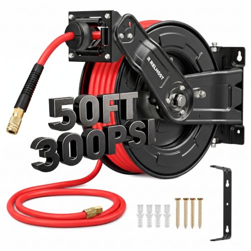 Retractable Air Hose Reel, 50 ft x 3/8 in SBR Rubber Hose