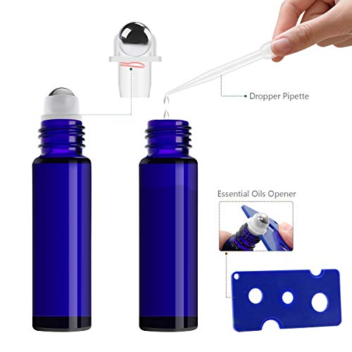 Glass Roller Bottles，24 Pack 10ml Cobalt Blue Roller Bottles for