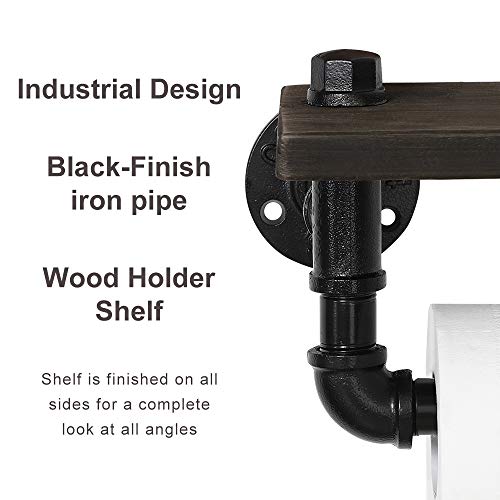 JS NOVA JUNS Paper Tower Holder Wall Mount, Industrial Toilet Paper Holder with Wood Shelf, Wrought Iron Pipe Tissue Holder for Bathroom, Washroom, Black