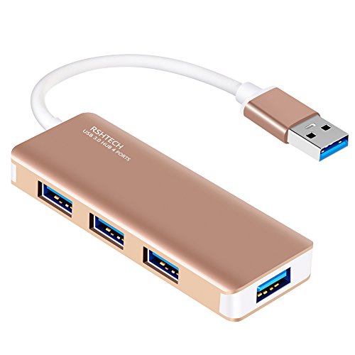 RSHTECH USB 3.0 4-Port Portable Aluminum Hub for Macbook, Mac Pro / mini, iMac, Surface Pro, XPS, Notebook PC, USB Flash Drives, Mobile HDD, and More (gold)