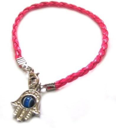 Silver Hamsa Hand Kabbalah Bright Pink Leather Thread String Bracelet Evil Eye