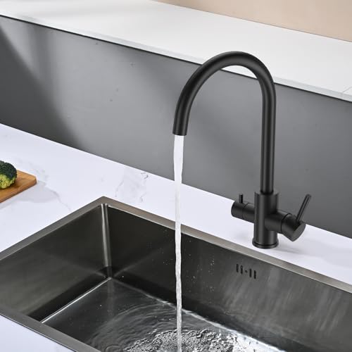 DETBOM 3 Way Kitchen Sink Tap for Osmosis Systems, 3 in 1 Double Lever Drinking Water, Hot and Cold, 360° Swivel, Stainless Steel, Matt Black