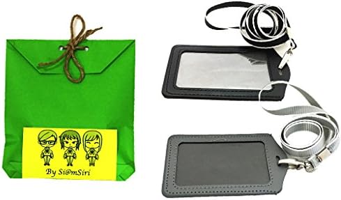 SiamSiri : Set of 2 Vertical Style Faux Leather Business Id Credit Card BadgeHolder Clear Pouch Case with Long Neck Strap Band Lanyard