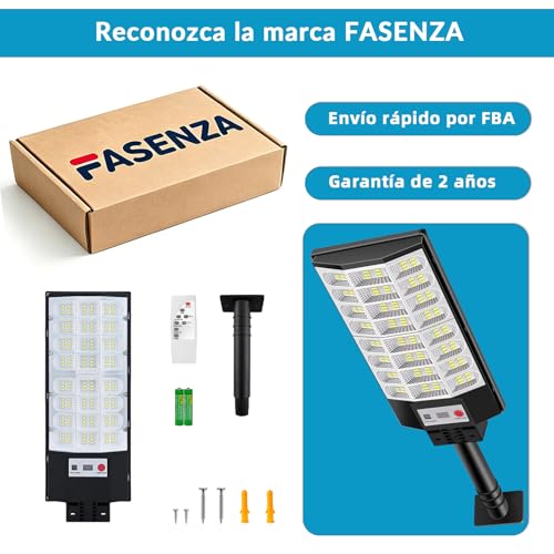 FASENZA Lámpara Solar Exterior: 5000 Lumens 6500K, 144 LED, Batería 5000mAh, IP65, 160° Ángulo, Instalación Sin Cables, Carga 6h/Iluminación 12h, Garantía 2 Años para Jardín Patio Garaje, 2 Paquetes