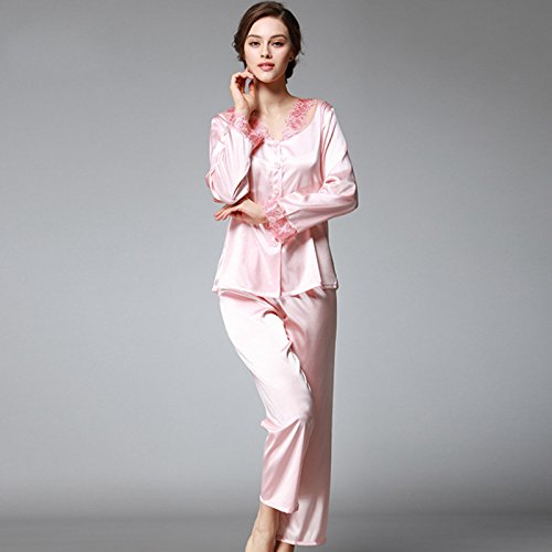 Sproud New Spring And Autumn Pyjama Women Pajamas Silk Suit Long Sleeve Leisure Homewear Lace Women Pijama Feminino,Rubber red,XL