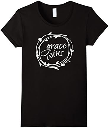 Women's Christian T Shirt Grace Wins with a Wreath Large Black