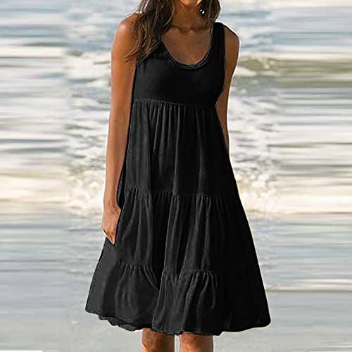 Womens Summer Boho Dress 2023 A-Line Sleeveless Solid Gradient Round Neck Beach Maxi Loose Flowy Pleated Sundresses