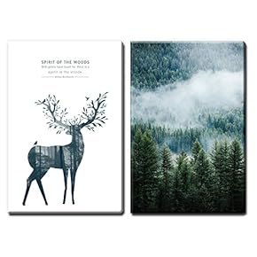 2 Panel Canvas Wall Art - Double Exposure Style Deer and Forest - Giclee Print Gallery Wrap Modern Home Art Ready to Hang - 16"x24" x 2 Panels