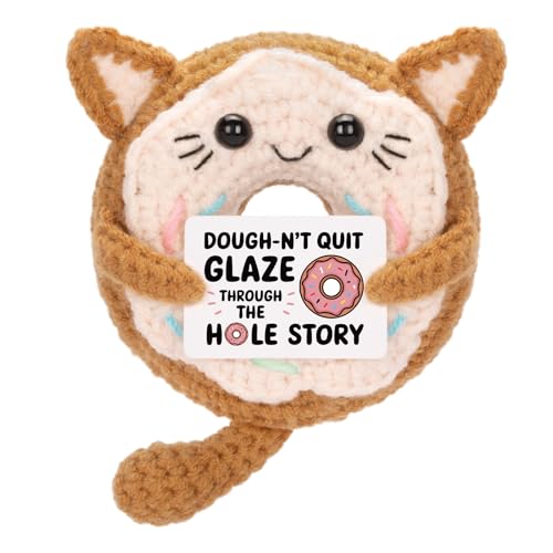 A AIFAMY Funny Positive Coffee, Emotional Crochet Doll, Cute Crochet Potato Partner Toy with Positive Card Cheer Up Funny Gag Gifts for Best Friend Birthday Women Teacher Fall(Doughnut Cat at Amazon