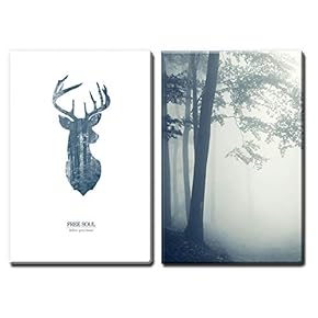 2 Panel Canvas Wall Art - Double Exposure Style Deer and Forest - Giclee Print Gallery Wrap Modern Home Art Ready to Hang - 16"x24" x 2 Panels