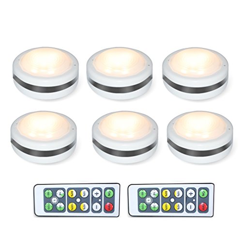 Shineled Wireless LED Puck Lights,Under Cabinet Lighting with Remote Control,Battery Powered Dimmable Brightness Closet Lights for Hallway,Bedroom,Kitchen,Warm White 6 Pack（Batteries not Included）