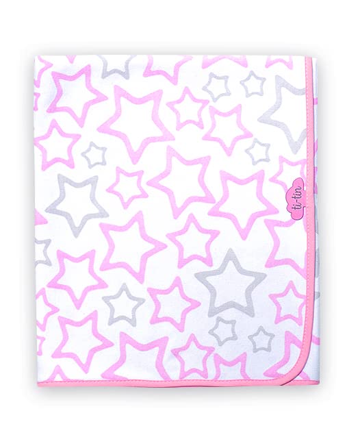 Ti TIN | Soft and Absorbent 100% Cotton Double Layer Knit Baby Swaddle with Double Interlock Fabric | Pink Stars Print