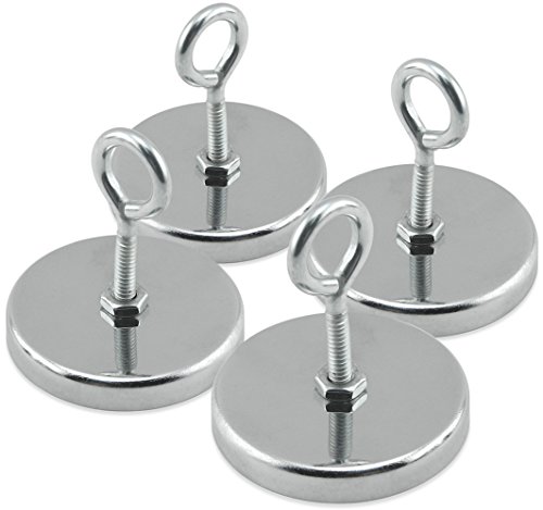 Master Magnetics RB50EBX4 Magnetic Hook, Round Base Magnet Fastener with Eyebolt Chrome Plate, 2.04" Diameter, 2.10" Total Height, 35 Pounds, Silver (Pack of 4)