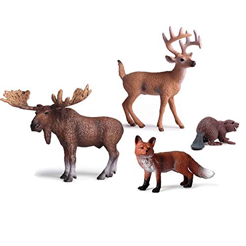 EOIVSH 4 PCS Forest Animal Figures Buck/Moose/Fox/Beaver, Woodland Animal Figurines Cake Toppers Educational Miniature Playset Toys Party Supplies Cute Decoration for Baby Shower Birthday
