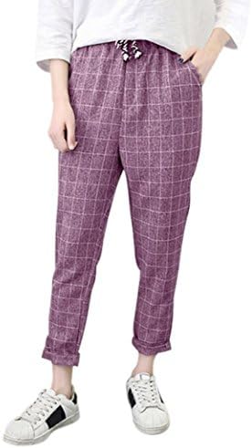 Sunbona Women Wide Leg Pants, High Waist Striped Cotton Linen Elastic Waist Casual Loose Trousers