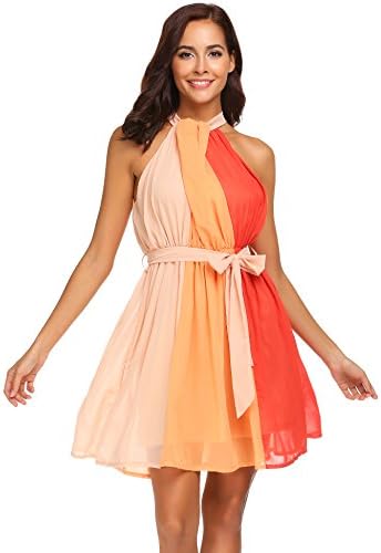 Wildtrest Women's Sleeveless Color Block A-Line Chiffon Party Dress with Belt Orange M