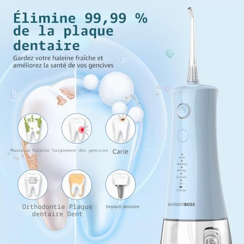 jet dentaire, irrigateur buccal sans fil, fil dentaire électrique, 5 modes pression, étanche IPX8, irrigateur buccal portable, kit nettoyage dents, QR-7102 (Bleu Pastel)