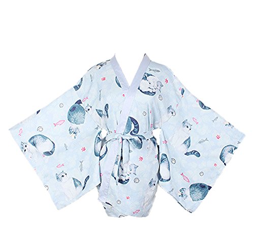 Plaid&Plain Women's Japanese Traditinal Haori Kawaii Cat Loose Blue Short Kimono