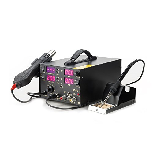 CO-Z 909D+ 5 in 1 SMD Soldering Rework Station with Hot Air Heat Gun, Solder Iron Station with Stable DC, 5V USB Outlet for Charging, LED Digital Monitor to Adjust the Voltage and Temperature