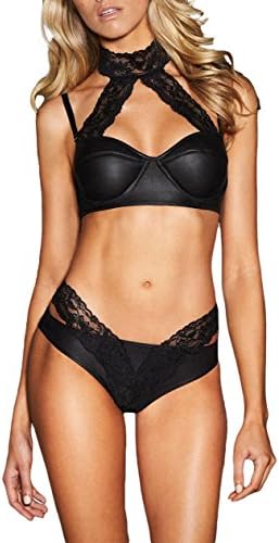 Women Lingerie Set Sexy High Choker Neck Lace Leather Bralette Bra Panty Sleepwear Black L