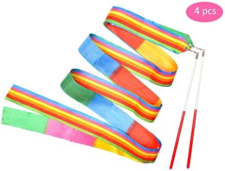 Yolito 4 Pieces Dance Ribbon Wands Rainbow Gymnastics Dancing Streamers with Paint Handle for Kids Art Dances, Baton Twirling