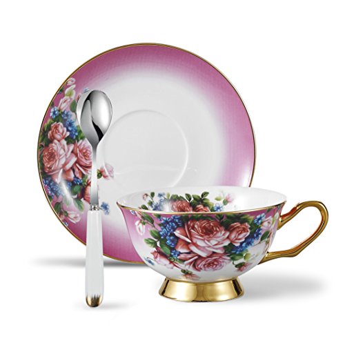 Panbado 3 Piece Bone China 6.8 oz Coffee Saucer Spoon Vintage Porcelain Tea Cup Set, Service for 1-Red Flower