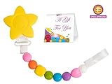 Teether Toy Pacifier Clip - 2 Color Options - Baby Girl or Boy Star Beaded Silicone Teething Toy and Pacifier Clip - (Yellow Rainbow Colors) Greeting Card Included for Baby Gifts