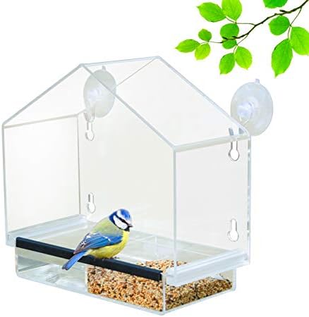 Awaken Window Bird Feeder 100% Clear Acrylic Bird Feeder for Outside Wild Bird Strong Suction Cups Easy to Install & Clean (Single drainage holes)