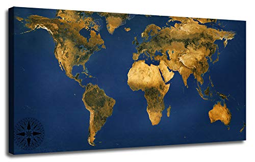 Canvas World Map Wall Art Prints Blue One Panel 48"x24" Large Size Artwork, Modern Poster Framed Painting Picture Ready to Hang for Living Room Home Office Teens Room Mural Decorations