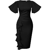 Memoriesea Women's Basic Vintage Ruffle Sleeve Ruched Bodycon Work Midi Pencil Dress