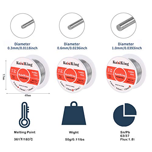 Kaisiking 63-37 0.3mm 0.6mm 1.0mm/50g Tin Lead Solder Wire Set, Rosin Core Solder Wire with Solder Wick for Electrical Soldering and DIY - Thumbnail 2