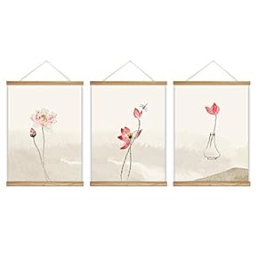 3 Panel Hanging Poster with Wood Frames Lotus Canvas Artwork Wall Picture Home Decoration - 18"x24"x3 Panels