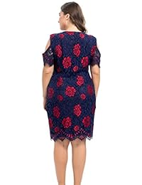 Chicwe - Vestido de encaje para mujer, talla grande, con forro floral, estampado en el hombro, longitud de la rodilla, vestido casual para fiesta, cóctel